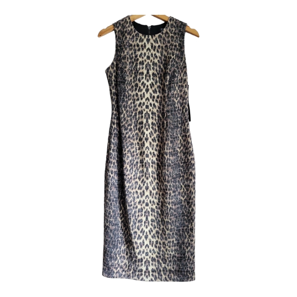 Badgley Mischka Sleeveless Sheath Animal Print Cotton Wool Blend Dress Size 4